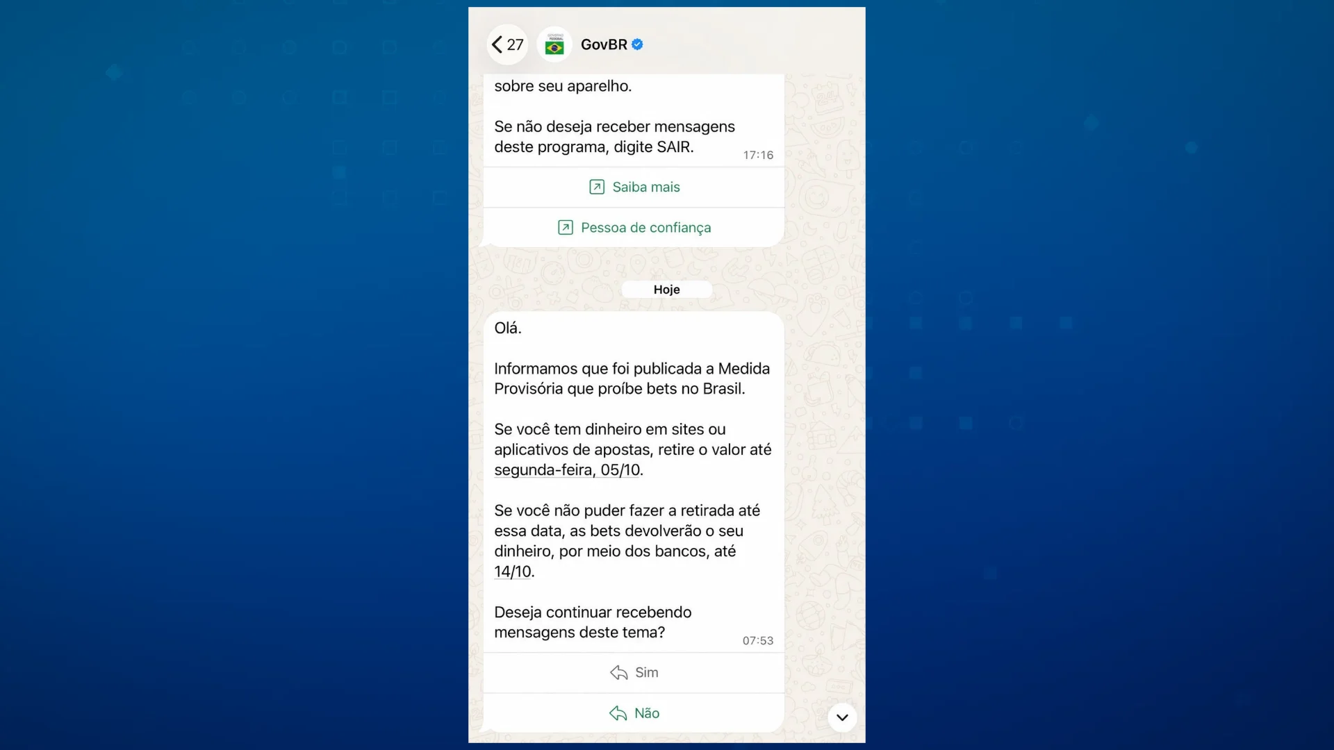 Gov.br envia alerta pelo WhatsApp após proibição das bets no Brasil