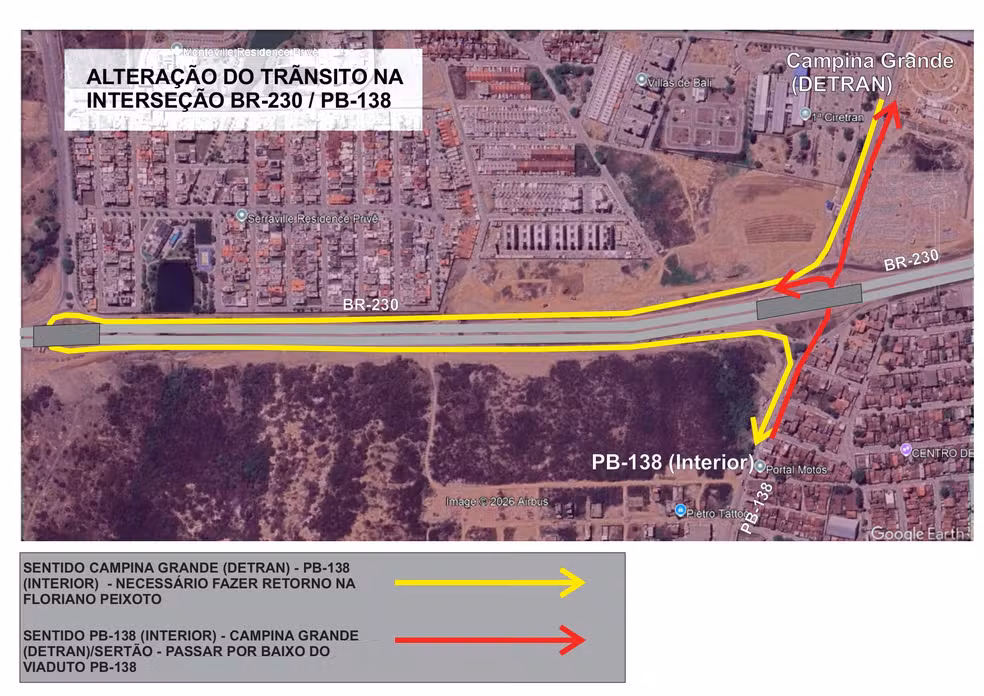 BR-230 tem mudança no trânsito perto do Detran durante obra em Campina Grande